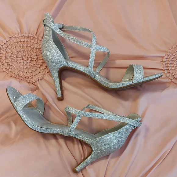 Glittery Silver Strappy Heels Size 7 - Picture 1 of 7